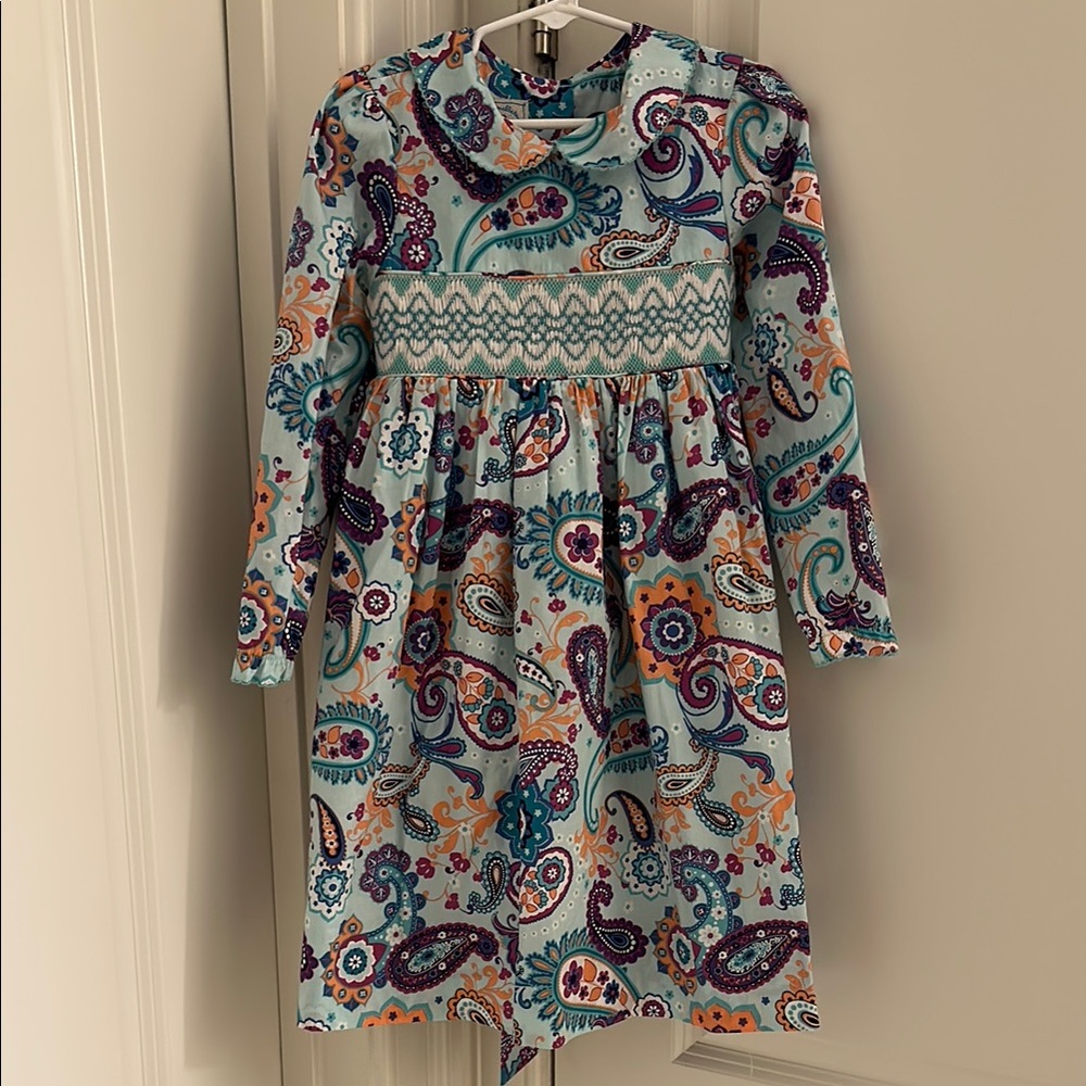 Paisley Long Sleeve Smocked Kids Dress - Multicolor